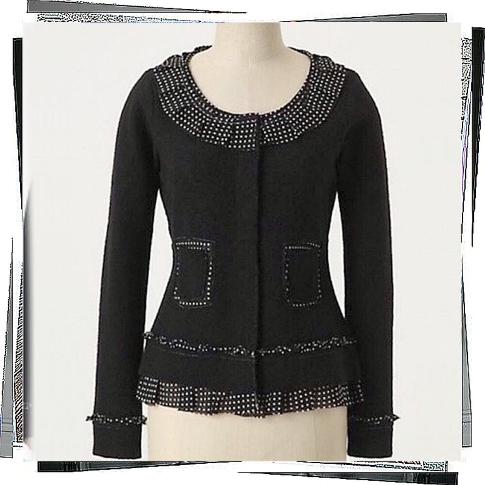 Vintage Black Merino Wool Jacket w Flat Satin Polka Dot Trim (XS) Sparrow